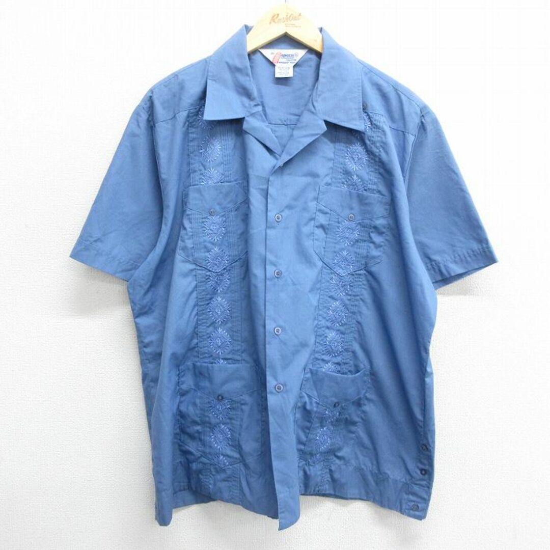 XL☆古着 半袖 キューバ シャツ メンズ 90年代 90s 刺繍 開襟 オープン 