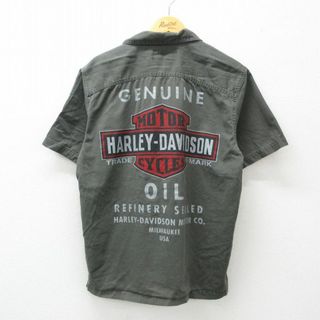 ハーレーダビッドソン(Harley Davidson)のL★古着 ハーレーダビッドソン Harley Davidson 半袖 シャツ メンズ ビッグロゴ コットン 開襟 オープンカラー グレー 24mar29 中古 トップス(シャツ)