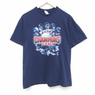 L★古着 半袖 Tシャツ メンズ MLB ボストンレッドソックス 上原浩治 コットン クルーネック 紺 ネイビー メジャーリーグ ベースボール 野球 24mar29 中古(Tシャツ/カットソー(半袖/袖なし))