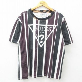 ゲス(GUESS)のXL★古着 ゲス GUESS 半袖 ビンテージ Tシャツ メンズ 90年代 90s ビッグロゴ 大きいサイズ コットン クルーネック 黒他 ブラック ストライプ 襟ブリーチ加工 【spe】 24mar29 中古(Tシャツ/カットソー(半袖/袖なし))