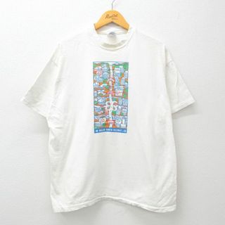 ヘインズ(Hanes)のXL★古着 ヘインズ Hanes 半袖 ビンテージ Tシャツ メンズ 90年代 90s 地図 ダラス コットン クルーネック USA製 白 ホワイト 24mar29 中古(Tシャツ/カットソー(半袖/袖なし))