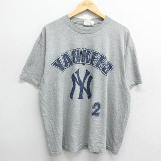 XL★古着 半袖 ビンテージ Tシャツ メンズ 90年代 90s MLB ニューヨークヤンキース デレクジーター 2 ボロ 大きいサイズ クルーネック グレー 霜降り メジャーリーグ ベースボール 野球 24mar29 中古(Tシャツ/カットソー(半袖/袖なし))