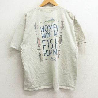 XL★古着 半袖 ビンテージ Tシャツ メンズ 90年代 90s 魚 大きいサイズ コットン クルーネック カナダ製 薄ベージュ系 カーキ 24mar29 中古(Tシャツ/カットソー(半袖/袖なし))