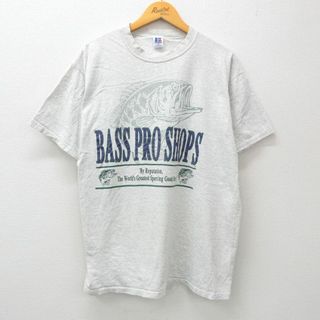 XL★古着 半袖 ラッセル ビンテージ Tシャツ メンズ 80年代 80s 魚 バスプロショップ 大きいサイズ クルーネック USA製 薄グレー 霜降り 【spe】 24mar29 中古(Tシャツ/カットソー(半袖/袖なし))