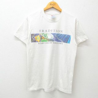 ヘインズ(Hanes)のM★古着 ヘインズ Hanes 半袖 ビンテージ Tシャツ メンズ 90年代 90s 靴 TRADITION クルーネック 白 ホワイト 24mar29 中古(Tシャツ/カットソー(半袖/袖なし))