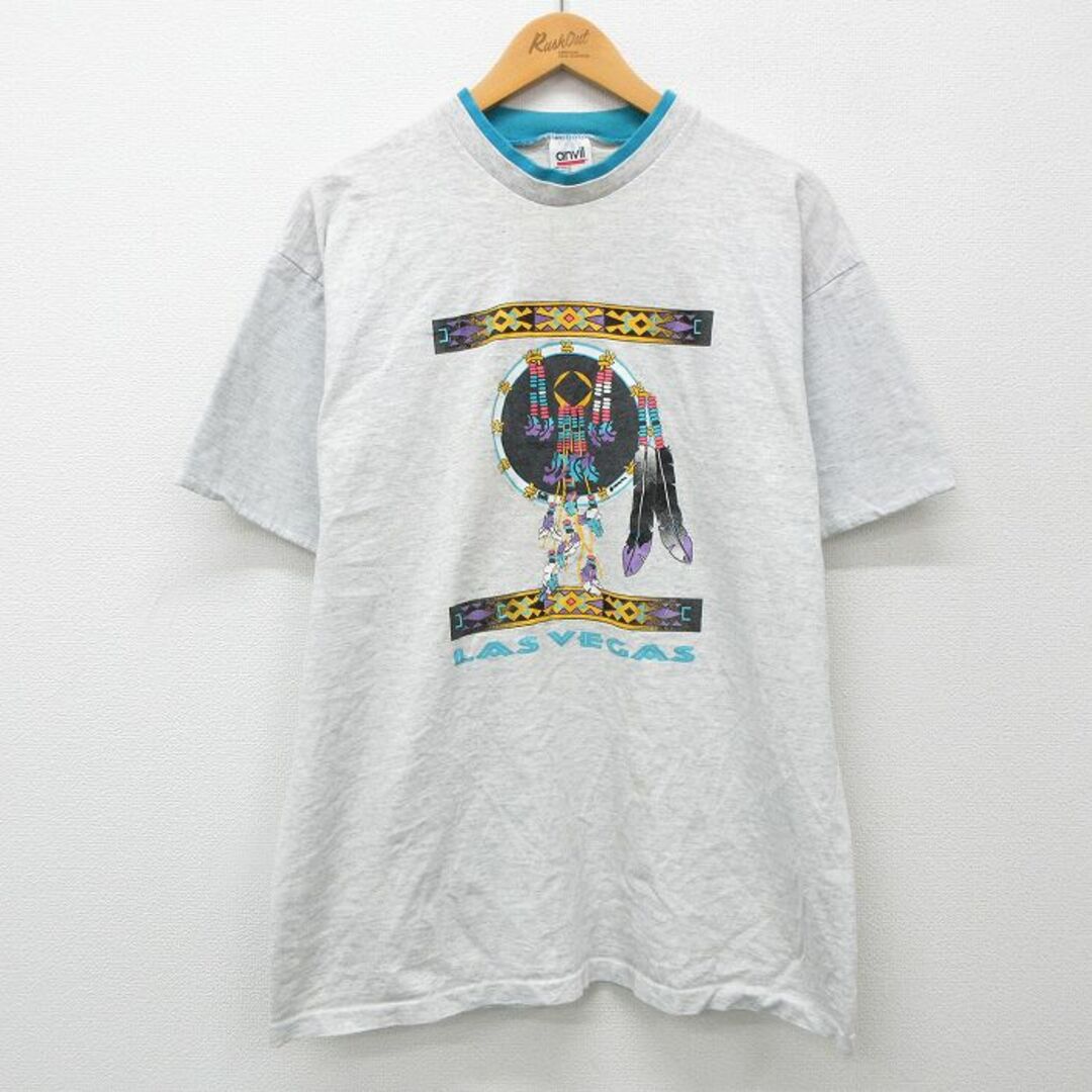 XL★古着 半袖 ビンテージ Tシャツ メンズ 90年代 90s ラスベガス ドリームキャッチャー ネイティブ柄 クルーネック USA製 薄グレー他 霜降り 24mar29 中古 メンズのトップス(Tシャツ/カットソー(半袖/袖なし))の商品写真