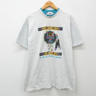 XL★古着 半袖 ビンテージ Tシャツ メンズ 90年代 90s ラスベガス ドリームキャッチャー ネイティブ柄 クルーネック USA製 薄グレー他 霜降り 24mar29 中古(Tシャツ/カットソー(半袖/袖なし))