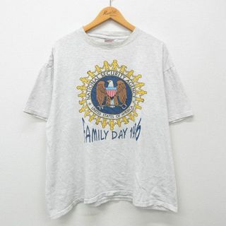 XL★古着 オニータ ONEITA 半袖 ビンテージ Tシャツ メンズ 90年代 90s FAMILY ワシ 大きいサイズ コットン クルーネック 薄グレー 霜降り 24mar29 中古(Tシャツ/カットソー(半袖/袖なし))