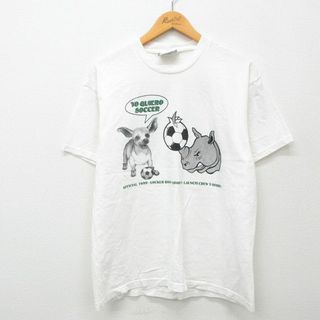 リー(Lee)のL★古着 リー Lee 半袖 ビンテージ Tシャツ メンズ 90年代 90s サッカー 犬 チワワ サイ コットン クルーネック 白 ホワイト 24mar29 中古(Tシャツ/カットソー(半袖/袖なし))