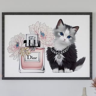 H003 アートポスター Dior 猫 ピンク 香水 大人可愛い おしゃれ(アート/写真)