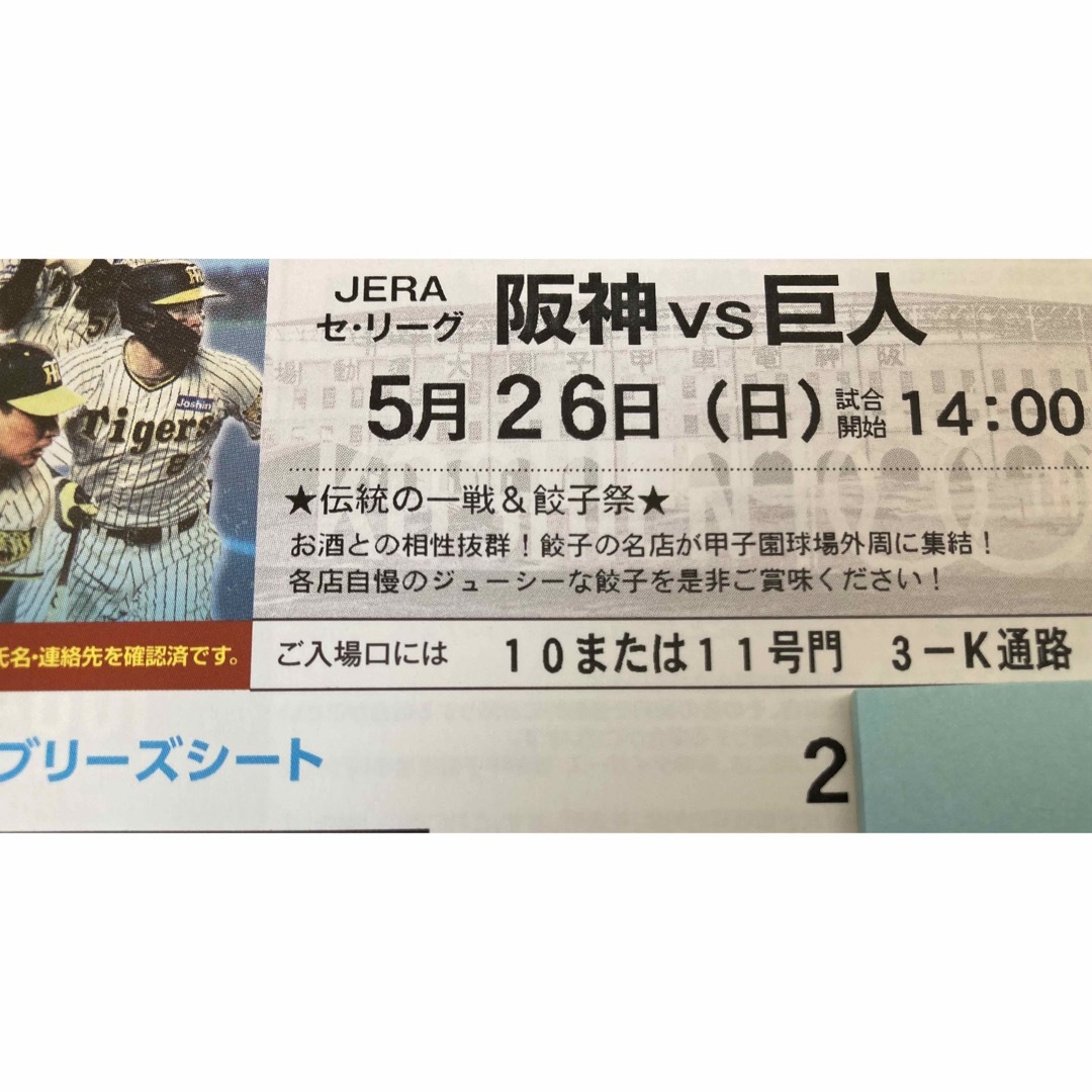 阪神タイガース(ハンシンタイガース)の5/26(日)甲子園　阪神巨人ブリーズシート通路横ペア チケットのスポーツ(野球)の商品写真