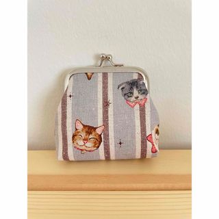 ハンドメイド　がま口　ミニ　A 猫　ストライプ(ポーチ)