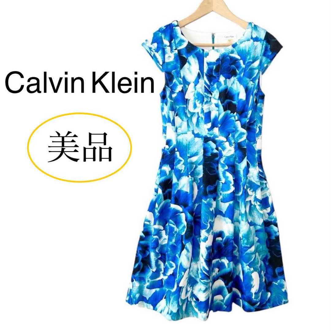 Calvin Klein(カルバンクライン)の美品 カルバンクライン 花柄 フリルワンピース ブルー サイズ4 レディースのワンピース(ひざ丈ワンピース)の商品写真