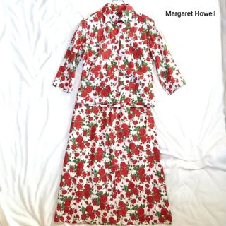 マーガレットハウエル(MARGARET HOWELL)のマーガレット・ハウエル　セットアップ　花柄　シャツ　スカート　赤(ロングスカート)