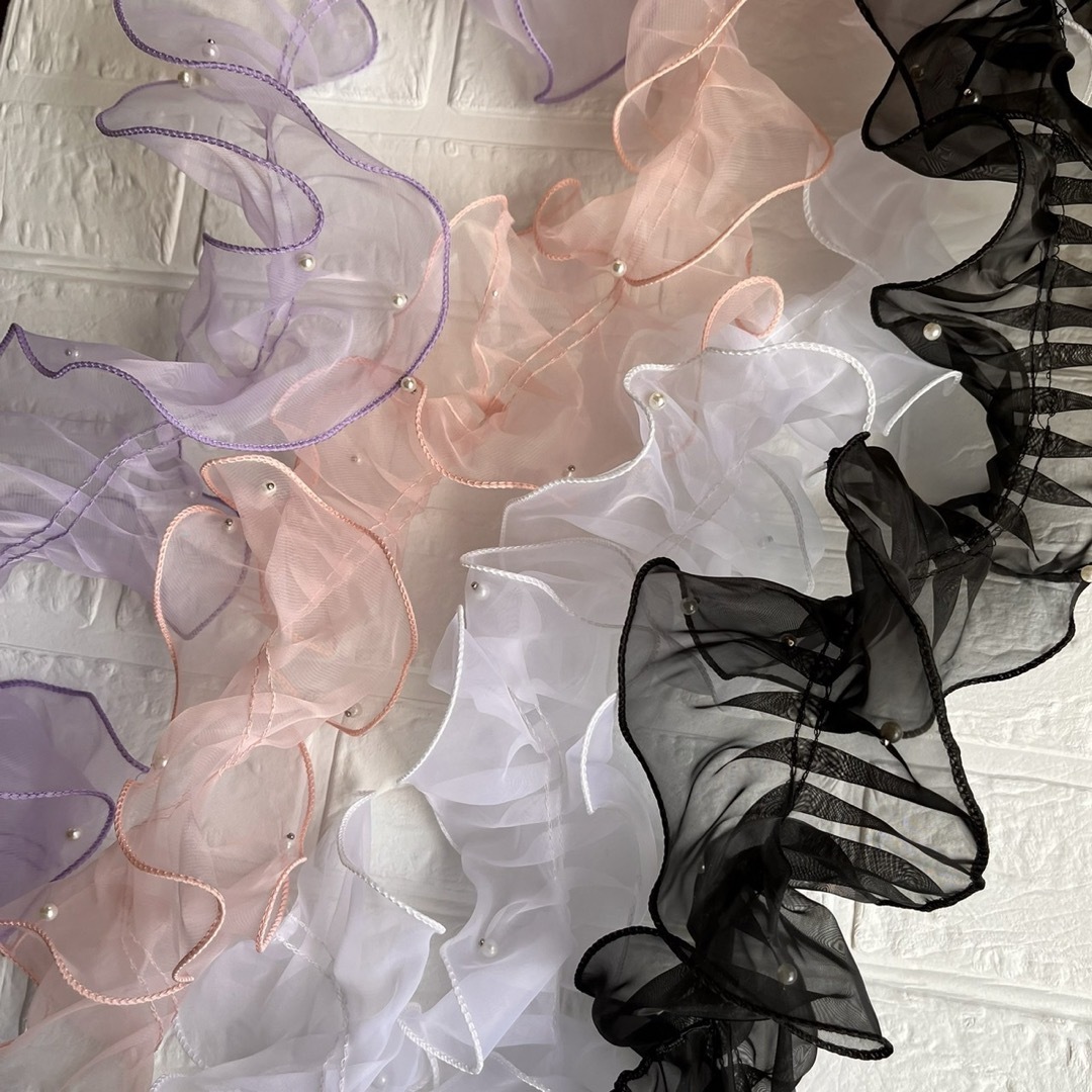 帯揚げ チュールリボン パール付き 成人式 七五三 振袖 和装 紫 パープル ハンドメイドの素材/材料(生地/糸)の商品写真