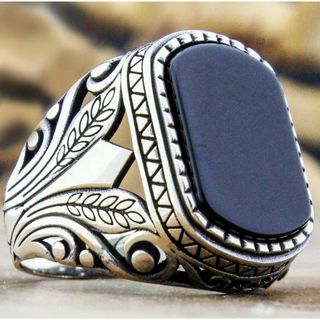 T175 新品 彫 指輪 シルバー ブラック オニキス風 メンズ(リング(指輪))