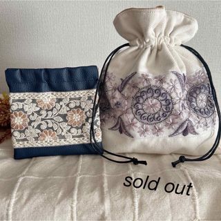 インド刺繍リボン♡巾着ポーチ&バネ口ポーチセット販売(ポーチ)