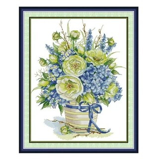 クロスステッチキット Blue Hydrangea Basket 青い紫陽花(生地/糸)
