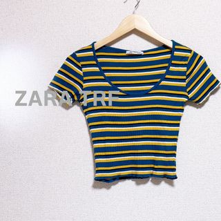 ザラ(ZARA)のZARA TRF ザラ　トラファルク　カットソー　リブ　ボーダー　半袖　青　黄色(カットソー(半袖/袖なし))