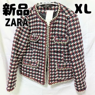 ザラ(ZARA)の新品 未使用 ZARABASIC ザラベーシック ツイードジャケット XL 黒赤(テーラードジャケット)