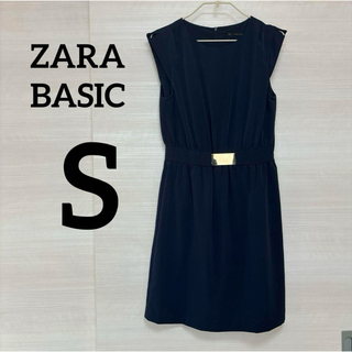 ザラ(ZARA)のZARA BASIC ワンピース　ドレス　ネイビー　膝丈　紺　金(ひざ丈ワンピース)