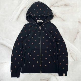 アベイシングエイプ(A BATHING APE)のアベイシングエイプ　刺繍総柄ダブルジップパーカー　ブラック　XXS ドット風(パーカー)