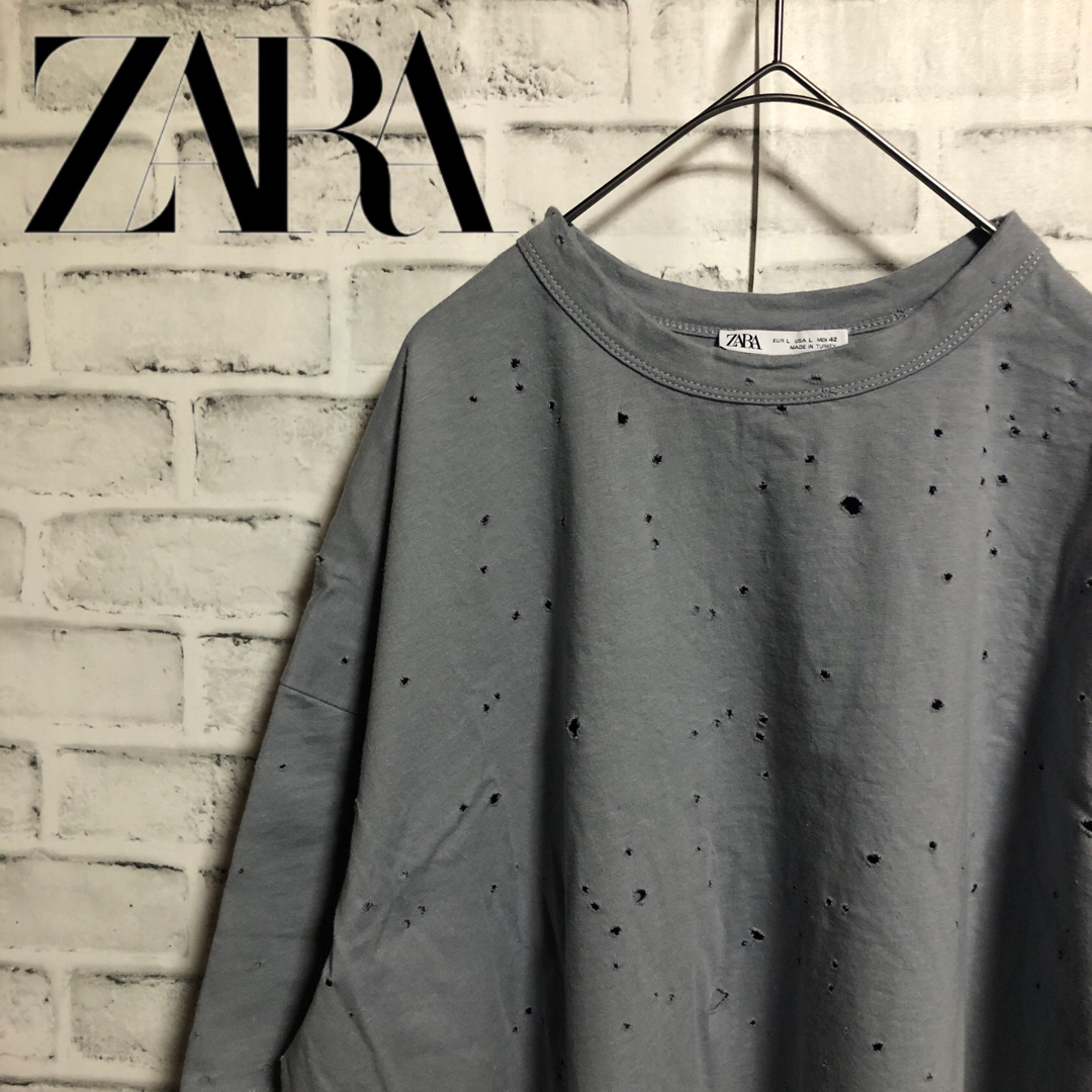 ZARA(ザラ)のZARA ヴィンテージ穴空き加工⭐️オーバーサイズ Tシャツ L ブルーグレー メンズのトップス(Tシャツ/カットソー(半袖/袖なし))の商品写真