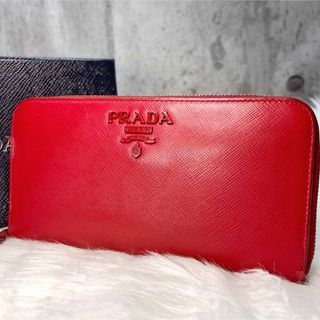 プラダ(PRADA)の箱付き 美品 希少 プラダ 長財布 ラウンド サフィアーノ シャイン レッド(財布)