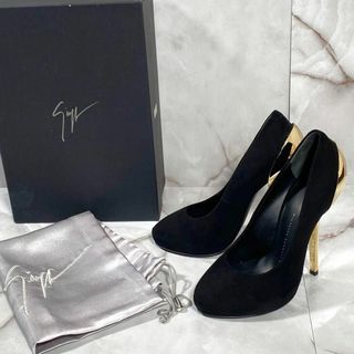 ジュゼッペザノッティ(GIUZEPPE ZANOTTI)の美品　ジュゼッペザノッティ　メタルコンビスエードパンプス　黒金　EU34 小さい(ハイヒール/パンプス)