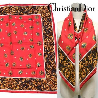 クリスチャンディオール(Christian Dior)のディオール■美品 ロゴ入りブローチ×パール柄大判シルクスカーフ　ヴィンテージ(バンダナ/スカーフ)