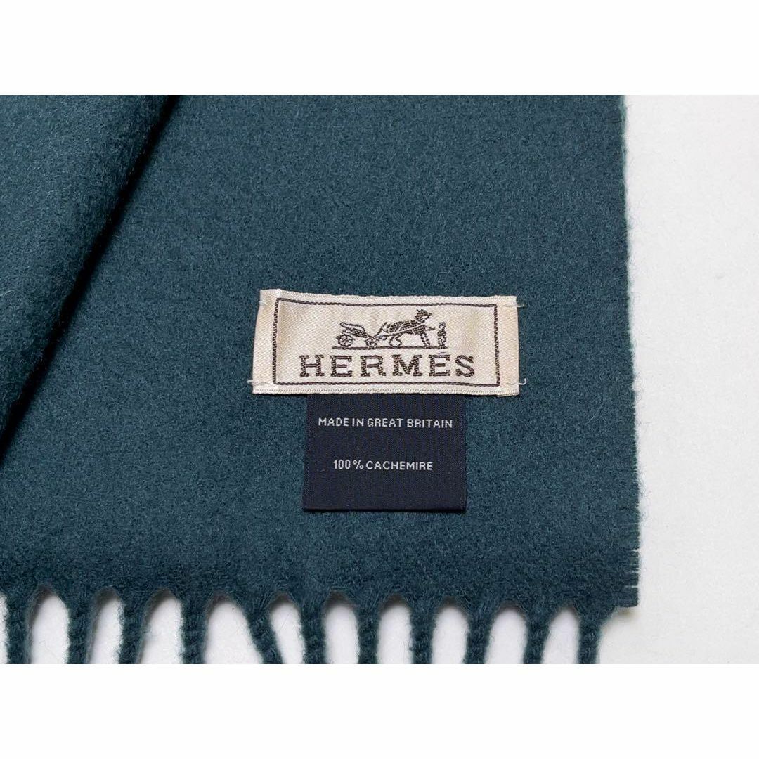 Hermes(エルメス)のHERMES エルメス♡カシミヤ ロゴ刺繍 マフラー グリーン フリンジ レディースのファッション小物(マフラー/ショール)の商品写真