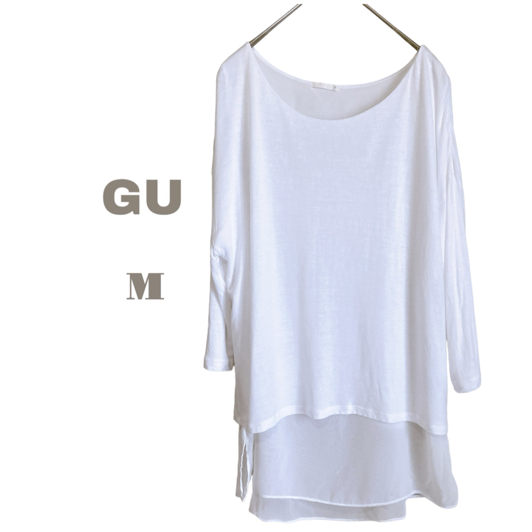 GU(ジーユー)のGU カットソー レイヤード風 ホワイト Mサイズ 重ね着 七分袖 春服 白 レディースのトップス(カットソー(長袖/七分))の商品写真