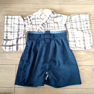 【美品】オシャレ晴れ着　ロンパース　袴　80cm　男女兼用　紺　チェック(和服/着物)