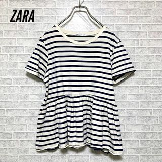 ザラ(ZARA)のザラ ZARA★ボーダー柄★プリーツブラウス★ドッキングペプラトップス★Lサイズ(Tシャツ(半袖/袖なし))