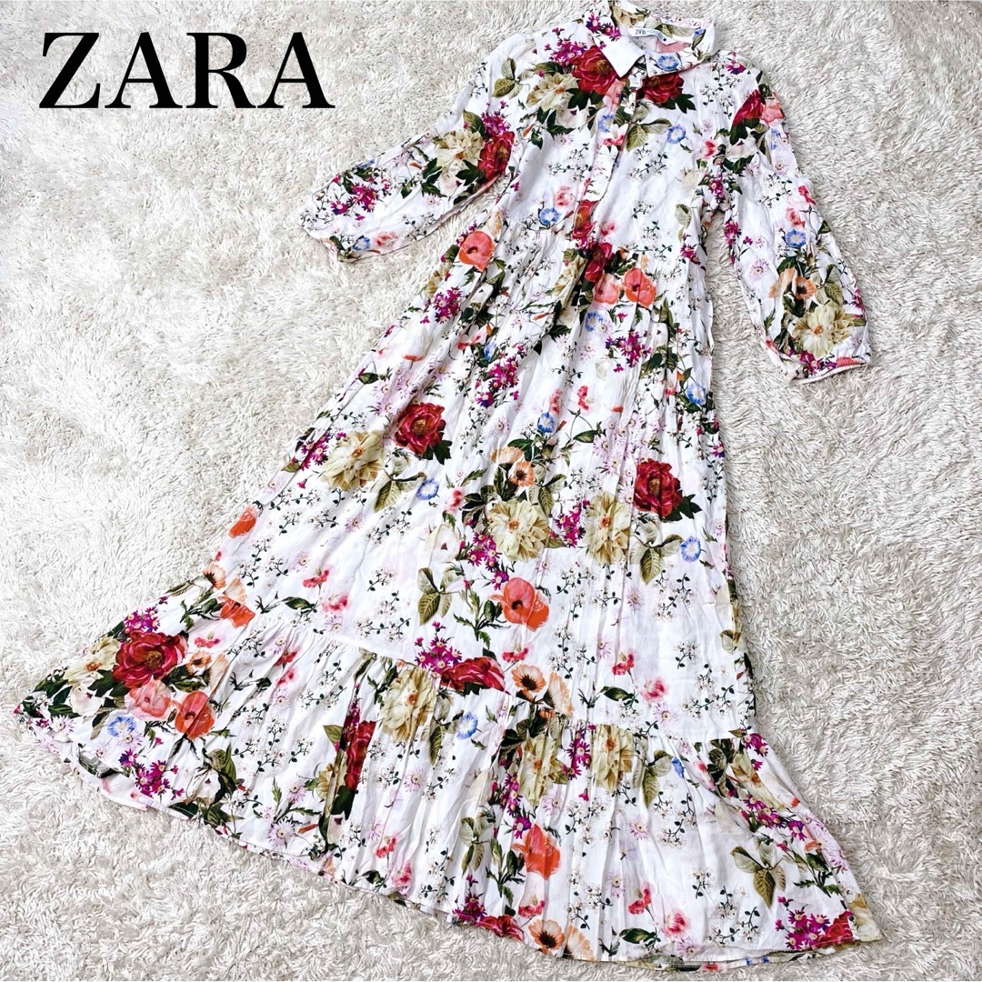 ZARA(ザラ)のザラ 花柄 フラワープリント ロングワンピース フレア マルチカラー M レディースのワンピース(ロングワンピース/マキシワンピース)の商品写真