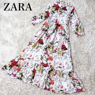 ザラ(ZARA)のザラ 花柄 フラワープリント ロングワンピース フレア マルチカラー M(ロングワンピース/マキシワンピース)