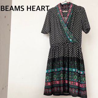 ビームス(BEAMS)のビームスハート　半袖　チュニック　ワンピース　水玉　総柄　ブラック系(ひざ丈ワンピース)