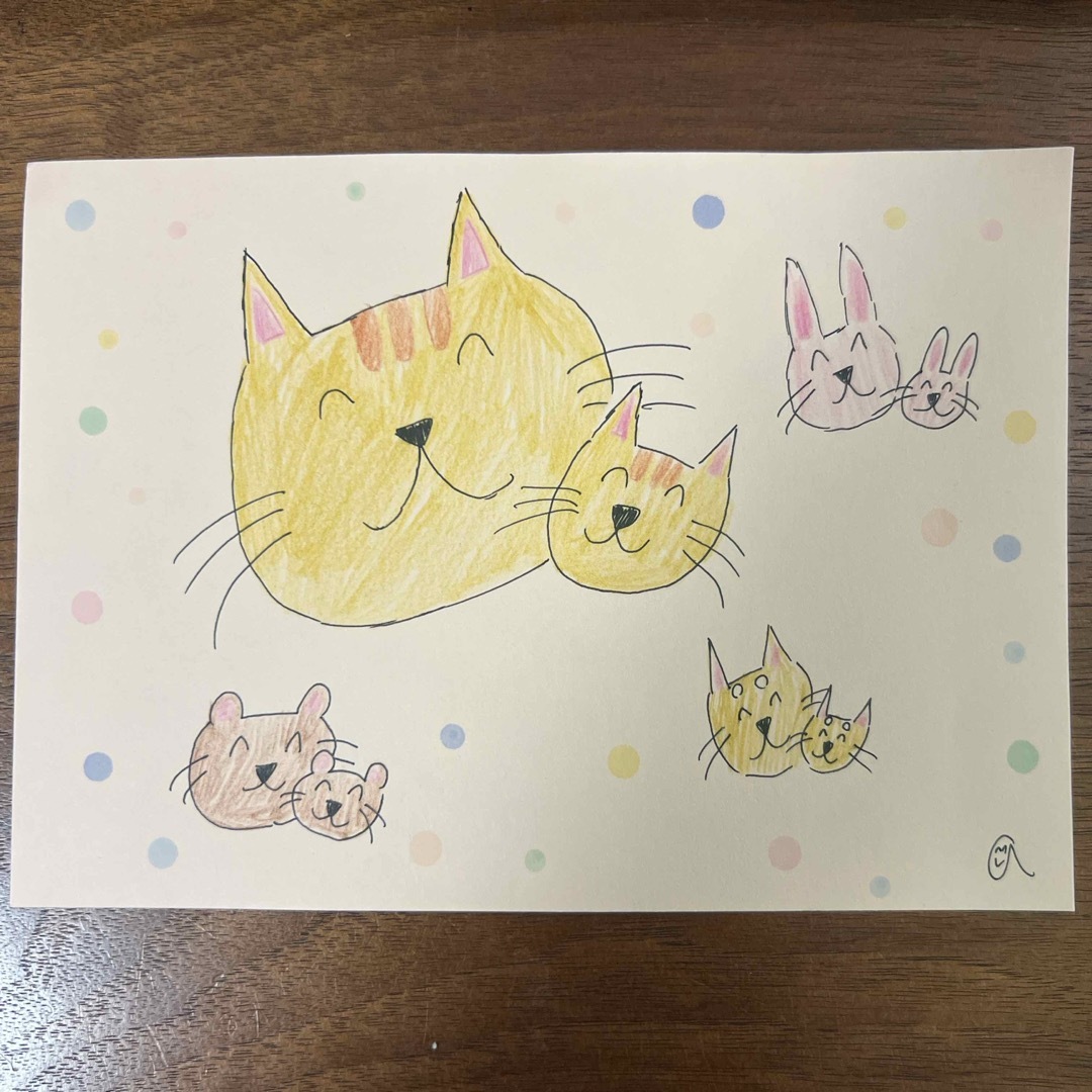 子供が描いた絵 動物の親子達 猫 ウサギ 犬 熊 子供の絵 お礼お手紙付き エンタメ/ホビーのアート用品(色鉛筆)の商品写真