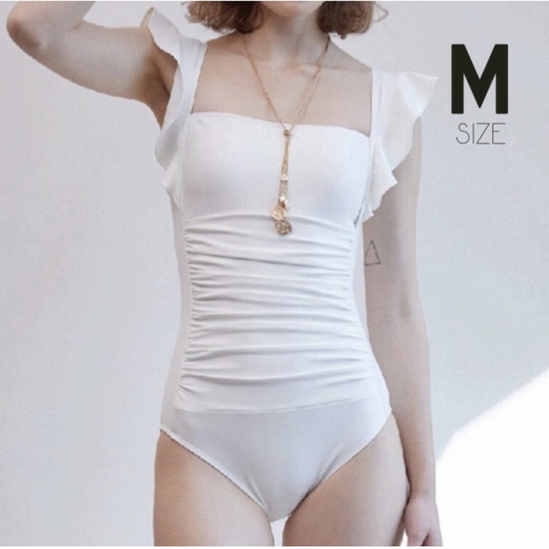 バックオープン フリル スイムウェア M ホワイト 白 新品未使用 美品 綺麗 レディースの水着/浴衣(水着)の商品写真