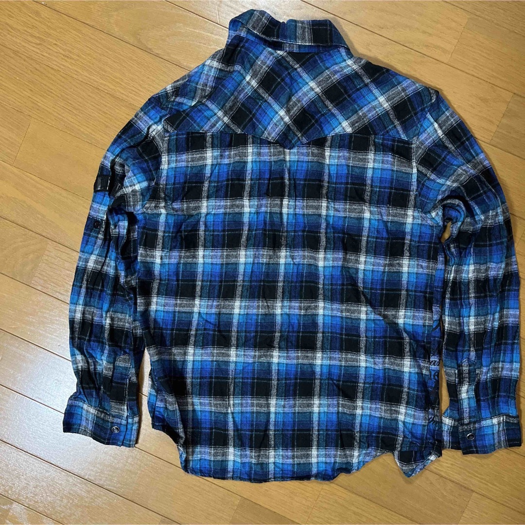 青チェック柄　長袖 キッズ/ベビー/マタニティのキッズ服男の子用(90cm~)(ブラウス)の商品写真