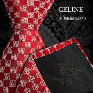 セリーヌ(celine)のCELINE レッド 光沢感 肉厚 ロゴ総柄 ブロック柄 イタリア製(ネクタイ)