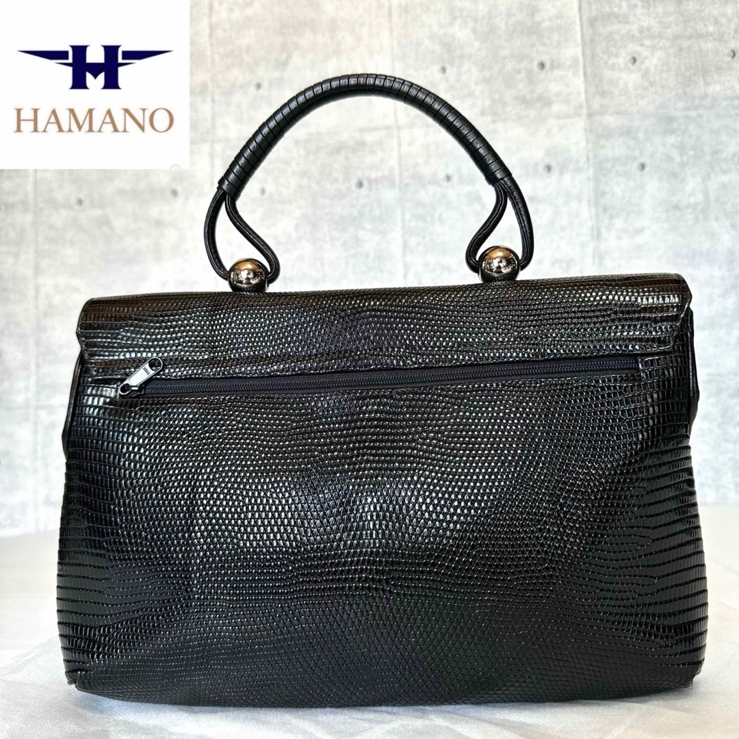 濱野皮革工藝/HAMANO(ハマノヒカクコウゲイ)の【美品】HAMANO ロイヤルモデル ブラック リザード レザー ハンドバッグ レディースのバッグ(ハンドバッグ)の商品写真