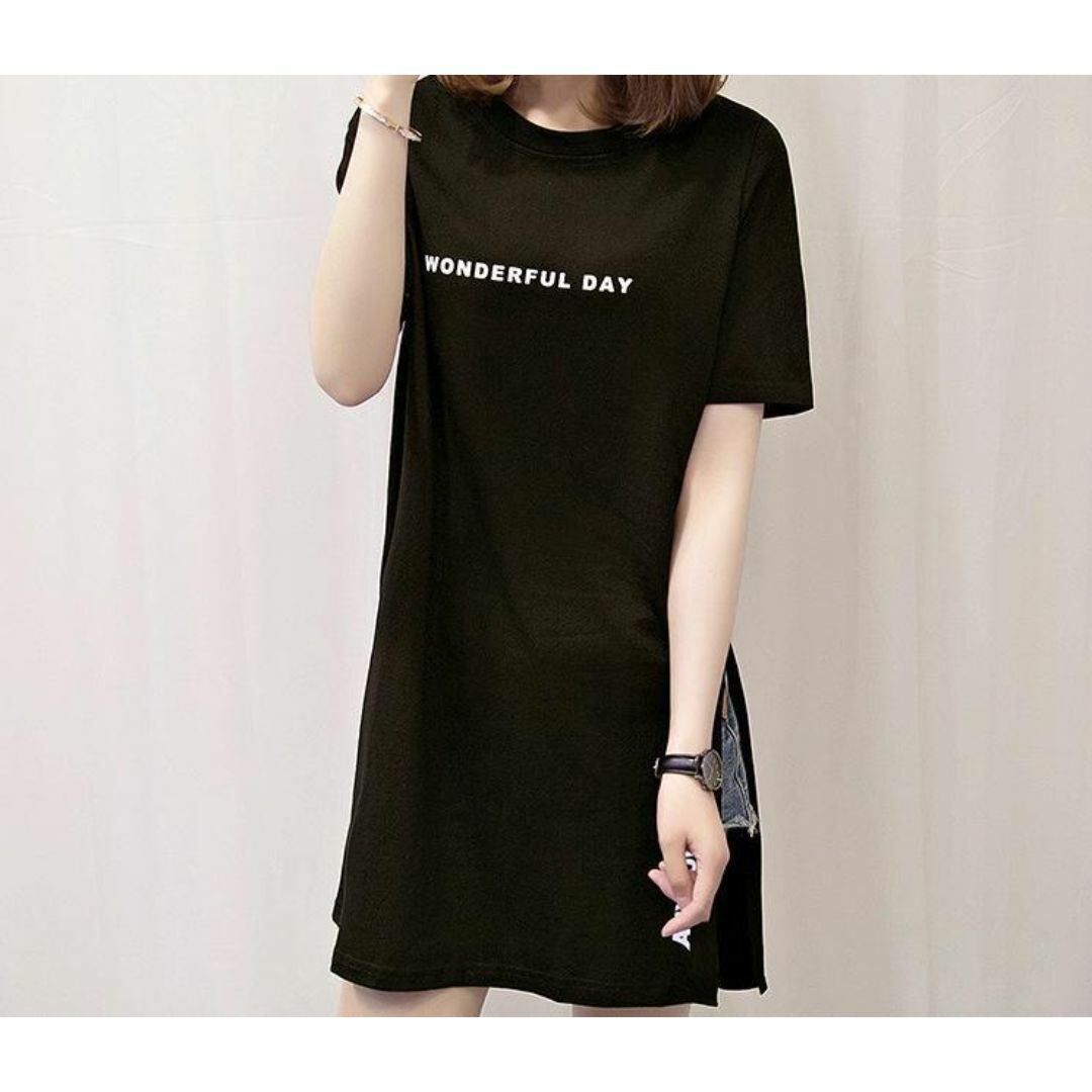 ワンポイントロゴ フェイクTシャツ ワンピース風 ブラック レディースのトップス(Tシャツ(半袖/袖なし))の商品写真