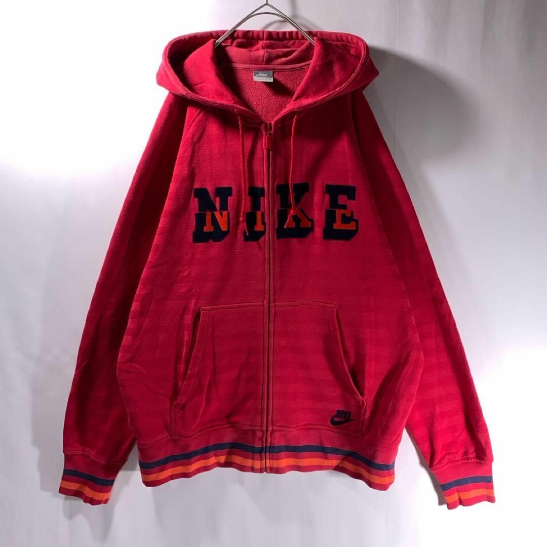 NIKE(ナイキ)の00s 古着 NIKE ジップ パーカー フロッキー センターロゴ 赤 XL メンズのトップス(ジャージ)の商品写真