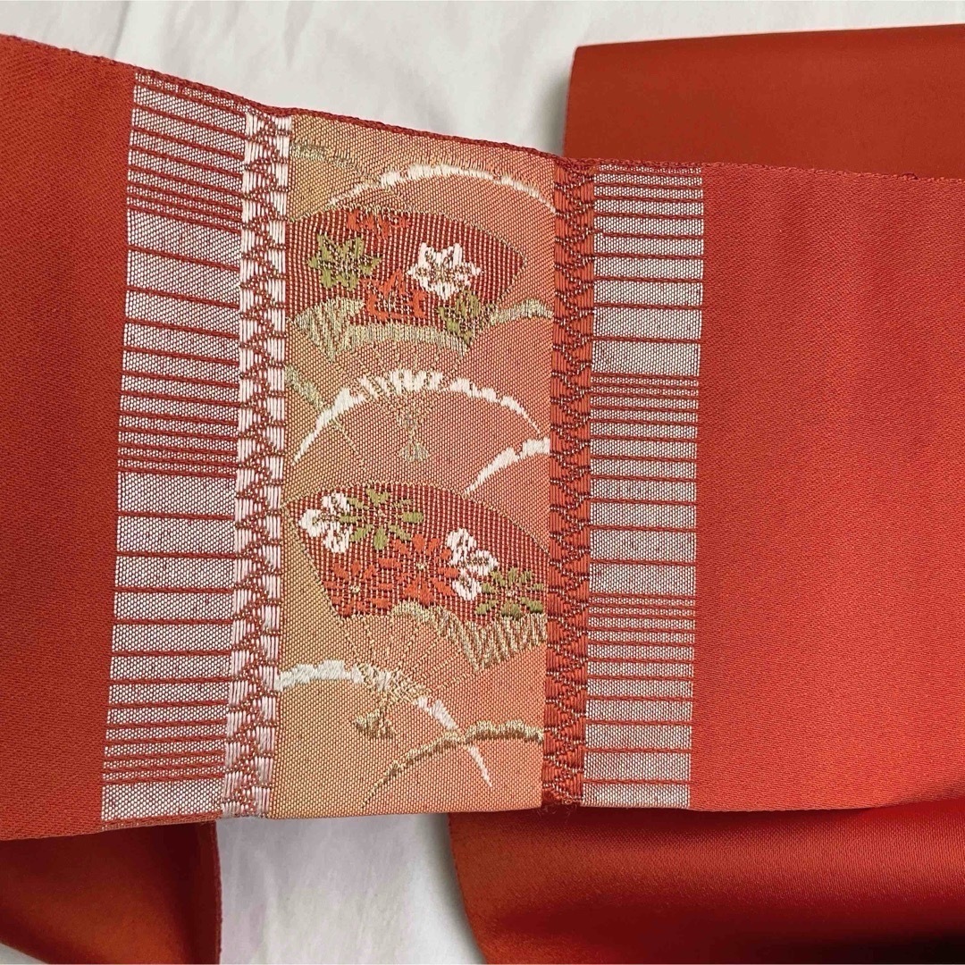 正絹 八寸名古屋帯 菊紅葉扇文様 朱色 オレンジ ゴールド レディースの水着/浴衣(帯)の商品写真