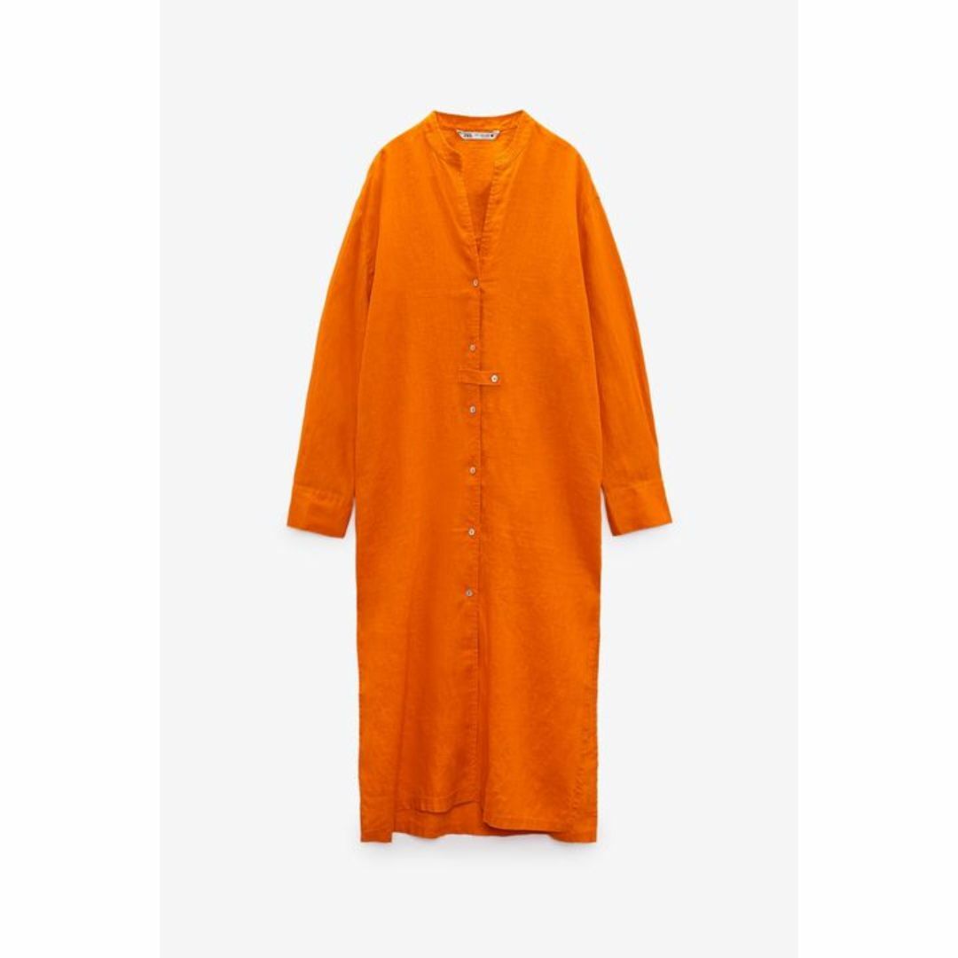 ZARA(ザラ)の新品未着用 ZARA 23SS リネンロングワンピースオレンジLサイズ レディースのワンピース(ロングワンピース/マキシワンピース)の商品写真