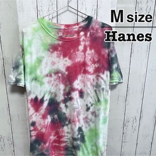 ヘインズ(Hanes)のHanes　Tシャツ　M　タイダイ柄　黄緑　ピンク　クルーネック　USA古着(Tシャツ/カットソー(半袖/袖なし))