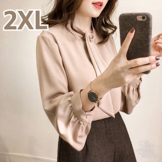 2XL ボウタイ ブラウス オフィスカジュアル フォーマル ベージュ リボン(シャツ/ブラウス(長袖/七分))