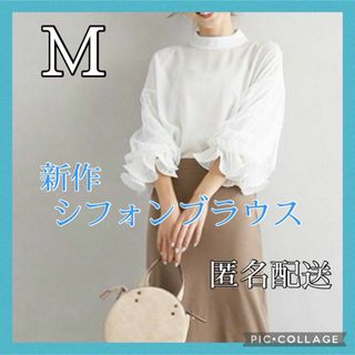 激かわ☆激安☆新作 ブラウス ホワイトＭシフォンシャツ クールネック メッシュ(シャツ/ブラウス(長袖/七分))