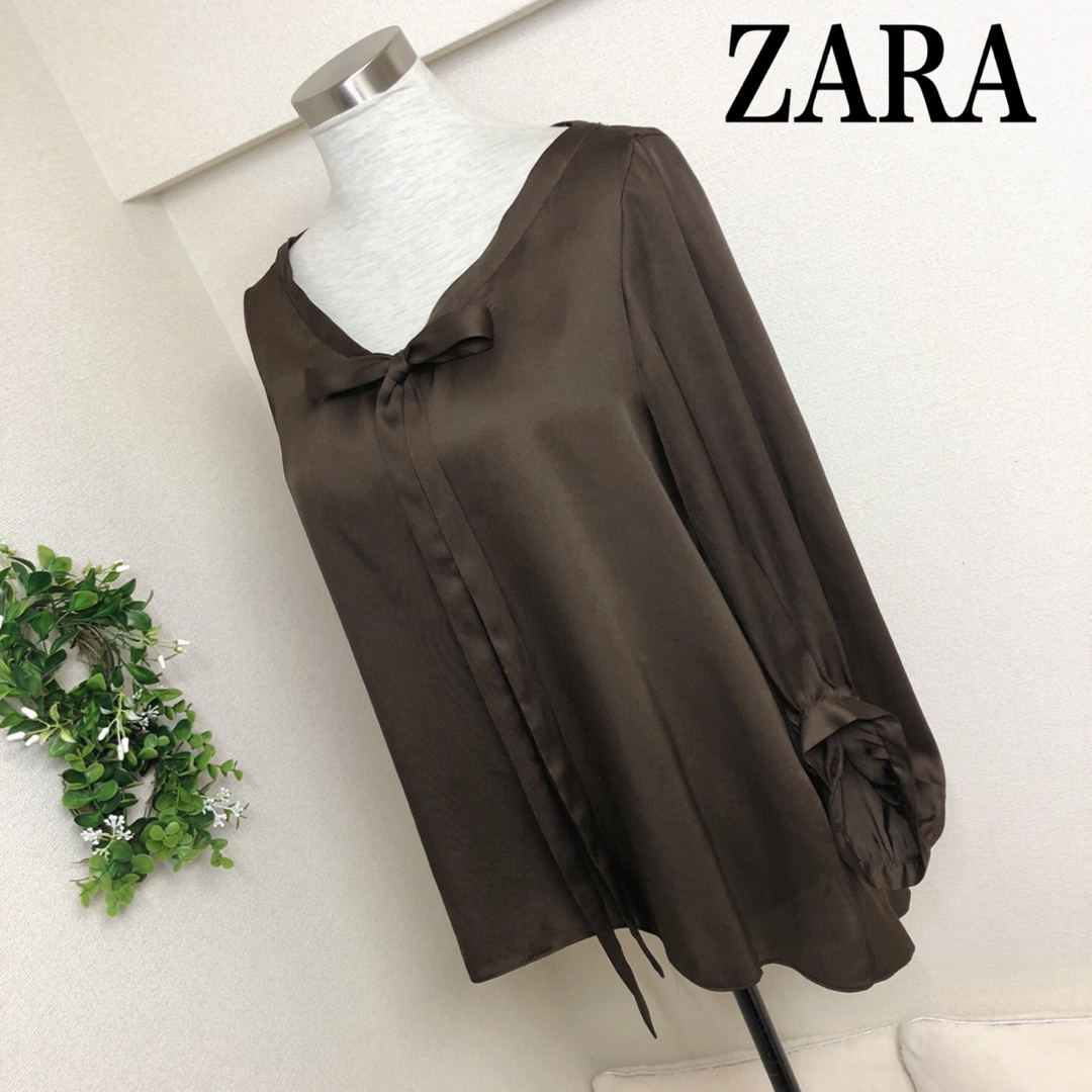 ZARA(ザラ)のZARA ザラのリボンタイゆったりブラウスブラウン色 レディースのトップス(シャツ/ブラウス(長袖/七分))の商品写真